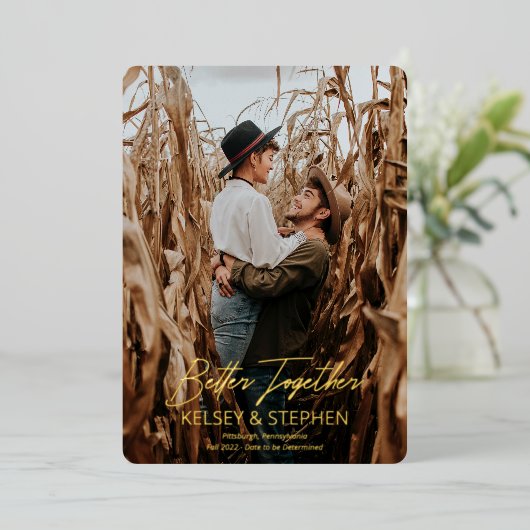 Moderne Rustieke Samen Foto Betrokkenheid Folie Uitnodiging (Staand Voorkant)