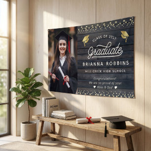 Moderne Rustieke Schrift Gouden Afstudeerfoto Hout Spandoek