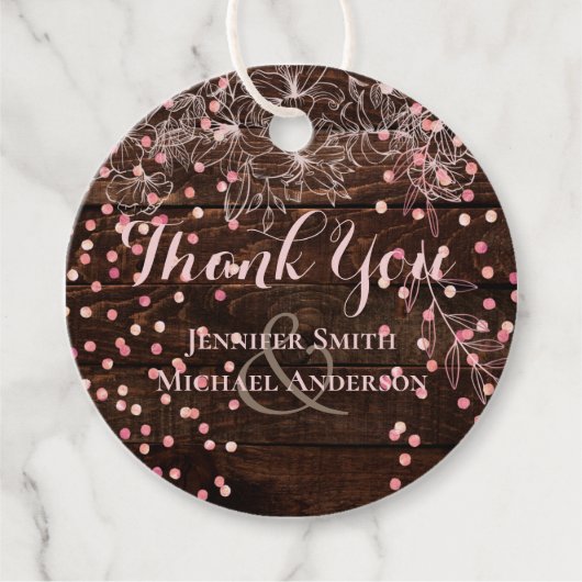 Moderne Rustieke Stof Roze Roze Confetti Bruiloft Bedankjes Labels (Voorkant)
