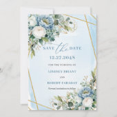 Moderne Rustieke Stofblauwe Witte Gouden Bloemen Kaart (Voorkant)