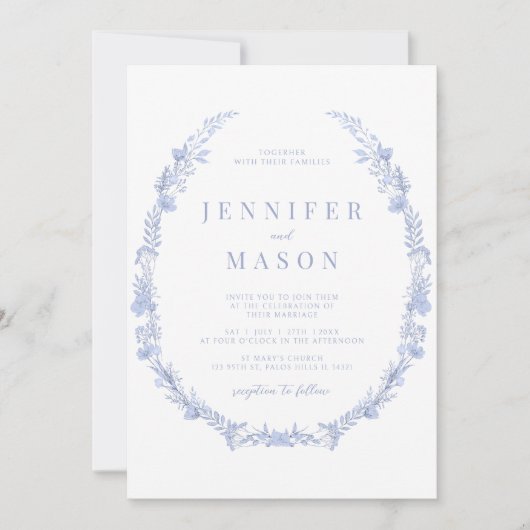 Moderne rustieke stoffige blauwe bloemenbruiloft U Kaart (Voorkant)