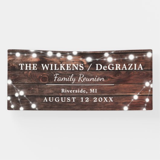 Moderne rustieke string lichten hout familie reüni spandoek (Horizontaal)