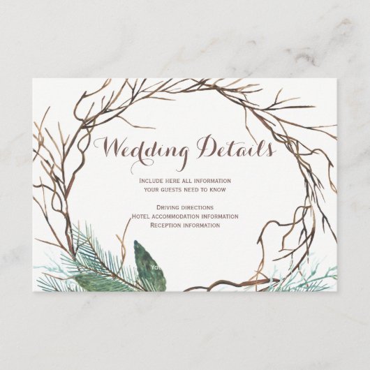 Moderne rustieke tak krans bruiloft gastgegevens informatiekaartje (Voorkant)