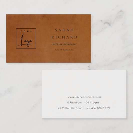 Moderne rustieke Tan Leather Texture Custom Logo Visitekaartje (Voorkant / Achterkant)