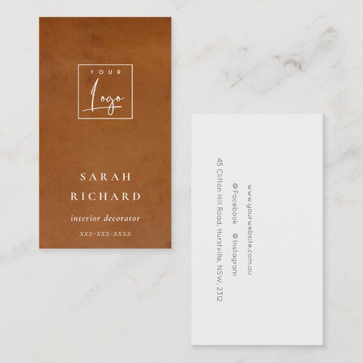 Moderne rustieke Tan Leather Texture Custom Logo Visitekaartje (Voorkant / Achterkant)