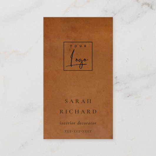 Moderne rustieke Tan Leather Texture Custom Logo Visitekaartje (Voorkant)