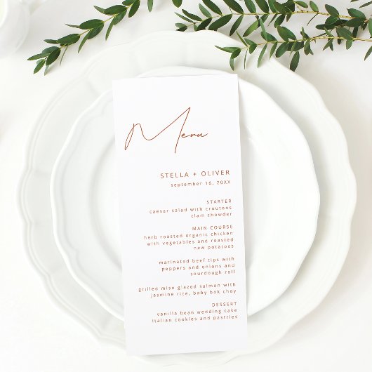 Moderne Rustieke Terracotta Calligrafie Bruiloft Menu