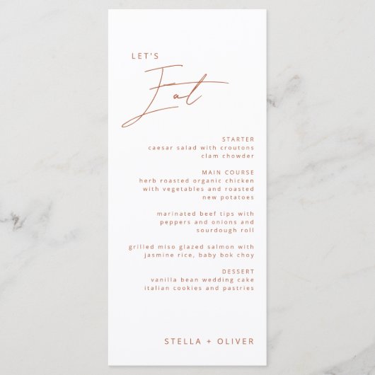 Moderne rustieke terracotta kalligrafie bruiloft menu (Voorkant)