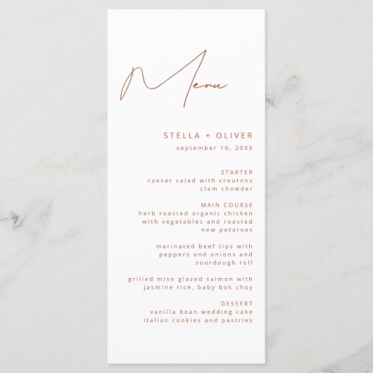 Moderne rustieke terracotta kalligrafie bruiloft menu (Voorkant)