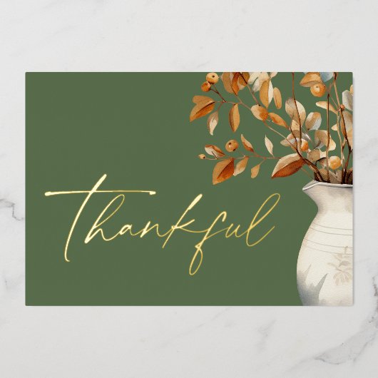 Moderne rustieke Thanksgiving Olijfgroen Dankbaar Folie Feestdagenkaart (Voorkant)