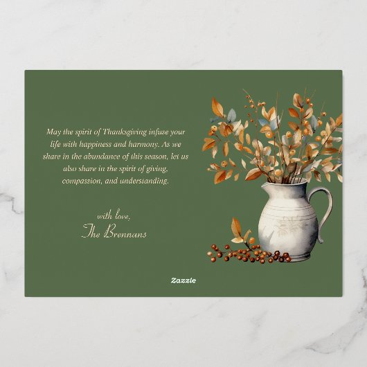 Moderne rustieke Thanksgiving Olijfgroen Dankbaar Folie Feestdagenkaart (Achterkant)