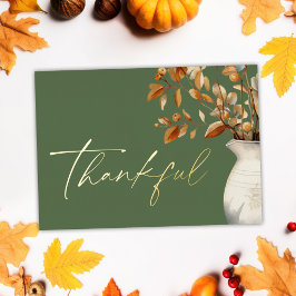 Moderne rustieke Thanksgiving Olijfgroen Dankbaar Folie Feestdagenkaart