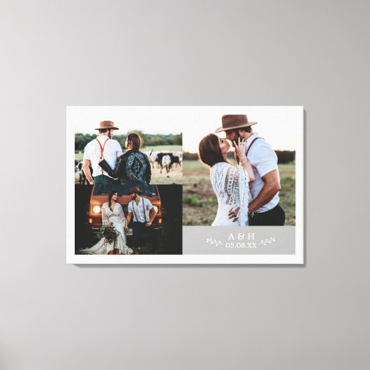 Moderne Rustieke Trouwfoto Collage Blad Monogram Canvas Afdruk (Voorkant)