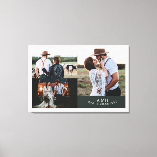 Moderne Rustieke Trouwfotocollage Blad Monogram Canvas Afdruk (Voorkant)