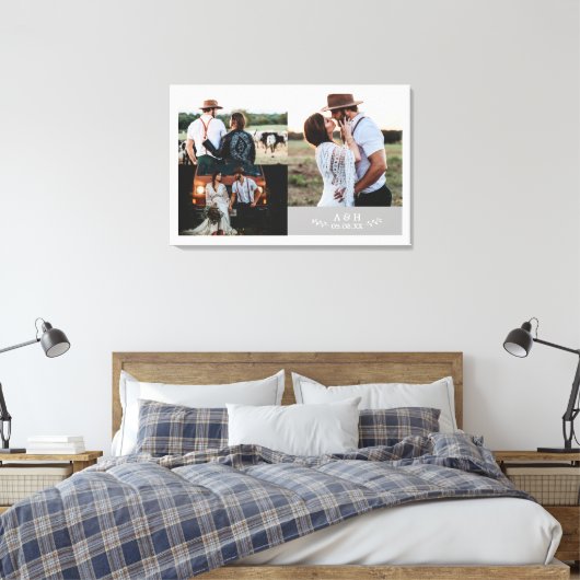 Moderne Rustieke Trouwfotocollage Blad Monogram Canvas Afdruk (Insitu (Slaapkamer))