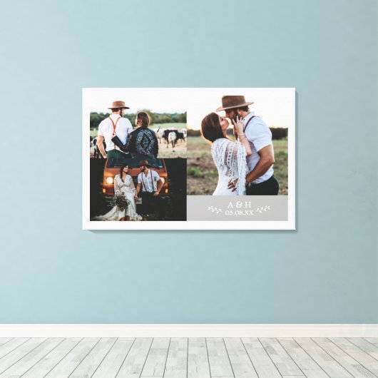 Moderne Rustieke Trouwfotocollage Blad Monogram Canvas Afdruk (Insitu (Houten vloer))