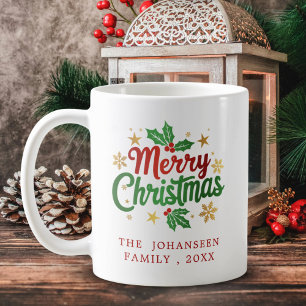 Moderne rustieke vrolijke kersttypografie familie koffiemok