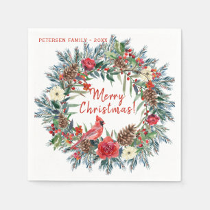 Moderne rustieke waterverf bloemenvrolijk kerstfee servet
