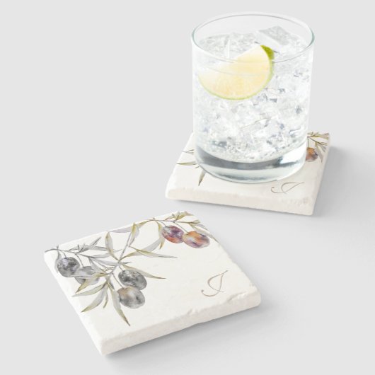 Moderne rustieke Waterverf Olijftak Monogram Stenen Onderzetter (Zijkant)