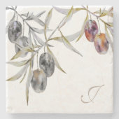 Moderne rustieke Waterverf Olijftak Monogram Stenen Onderzetter (Voorkant)
