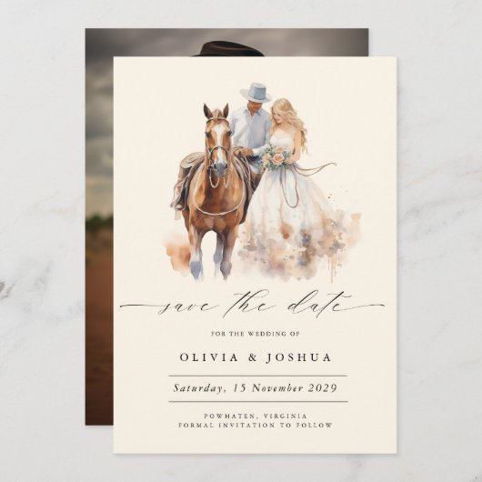 Moderne Rustieke Westerse Foto  Bewaar de Datum Save The Date (Voorkant / Achterkant)