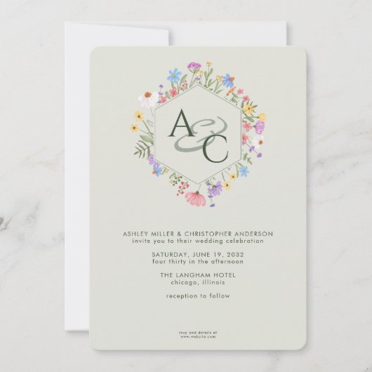 Moderne rustieke Wildbloem Monogram Sage Bruiloft Kaart (Voorkant)