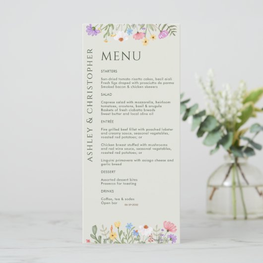 Moderne rustieke Wildbloem Zachte Salie Bruiloft Menu (Staand voorkant)