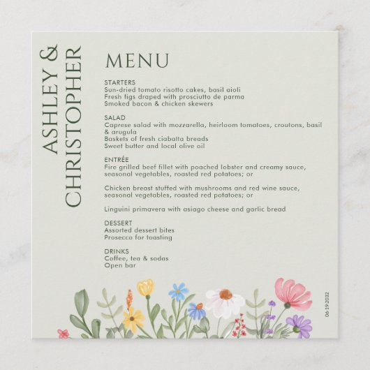 Moderne rustieke Wildbloem Zachte Salie Bruiloft Menu (Voorkant)