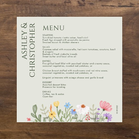 Moderne rustieke Wildbloem Zachte Salie Bruiloft Menu