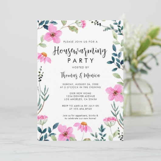 Moderne rustieke Wildbloemen Housewarming Party Kaart (Staand voorkant)
