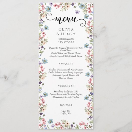 Moderne rustieke wilde bloemen bruiloft menu (Voorkant)