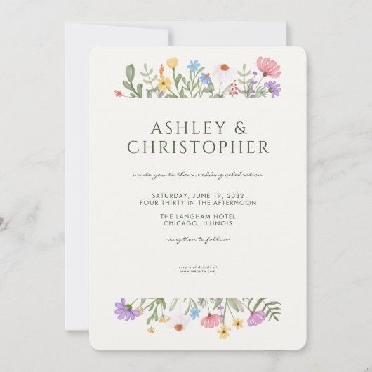 Moderne rustieke Wildflower Border Bruiloft Kaart (Voorkant)