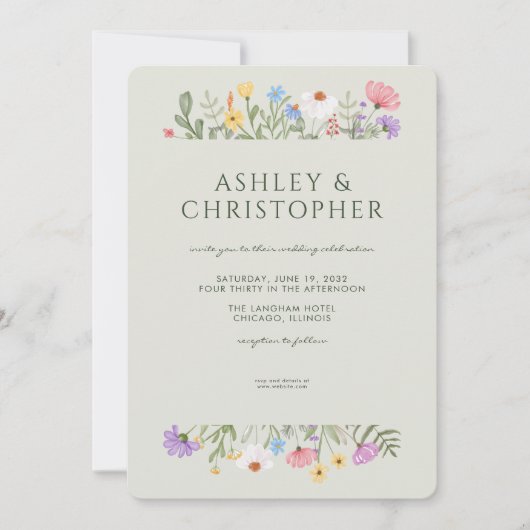 Moderne rustieke Wildflower Border Soft Sage Bruil Kaart (Voorkant)