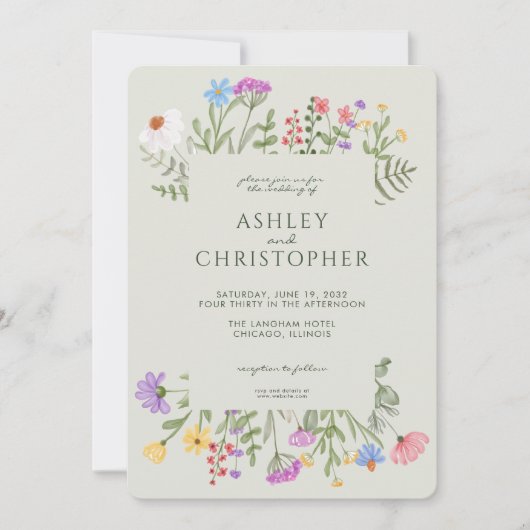 Moderne rustieke Wildflower Border Soft Sage Bruil Kaart (Voorkant)