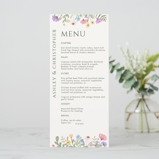 Moderne rustieke Wildflower bruiloft Menu (Staand voorkant)