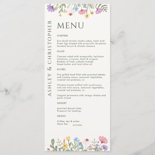 Moderne rustieke Wildflower bruiloft Menu (Voorkant)