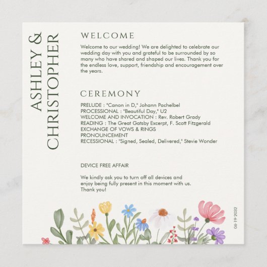 Moderne rustieke Wildflower bruiloft Programmakaart (Voorkant)