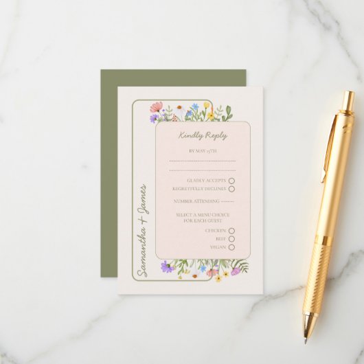 Moderne rustieke Wildflower bruiloft RSVP Informatiekaartje (Voorkant / Achterkant in situ)
