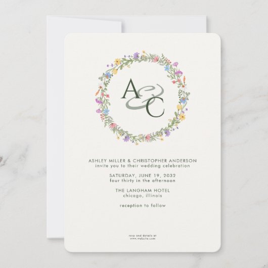 Moderne rustieke Wildflower Monogram Bruiloft Kaart (Voorkant)