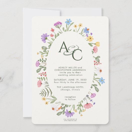 Moderne rustieke Wildflower Monogram Bruiloft Kaart (Voorkant)