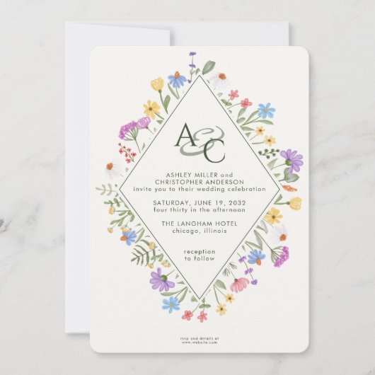 Moderne rustieke Wildflower Monogram Bruiloft Kaart (Voorkant)
