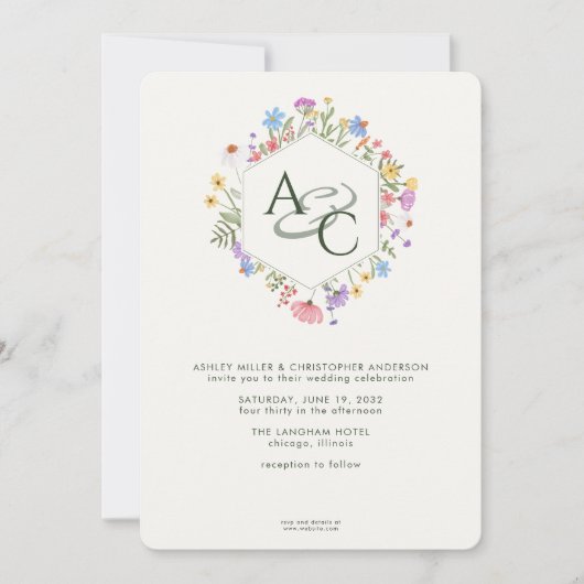 Moderne rustieke Wildflower Monogram Bruiloft Kaart (Voorkant)