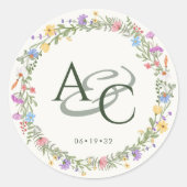 Moderne rustieke Wildflower Monogram Bruiloft Ronde Sticker (Voorkant)