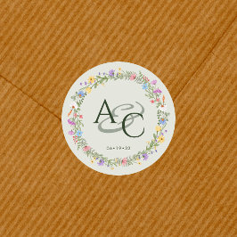 Moderne rustieke Wildflower Monogram Bruiloft Ronde Sticker