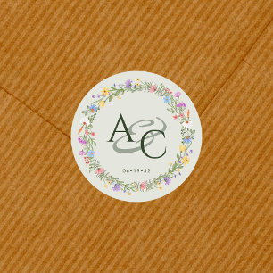 Moderne rustieke Wildflower Monogram Bruiloft Ronde Sticker