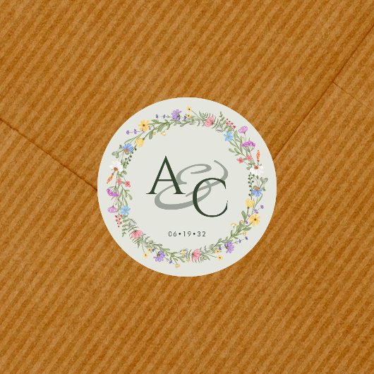 Moderne rustieke Wildflower Monogram Bruiloft Ronde Sticker
