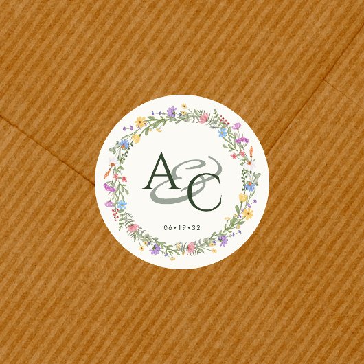 Moderne rustieke Wildflower Monogram Bruiloft Ronde Sticker