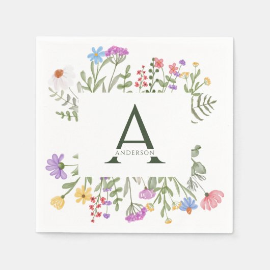 Moderne rustieke Wildflower Monogram Bruiloft Servet (Voorkant)