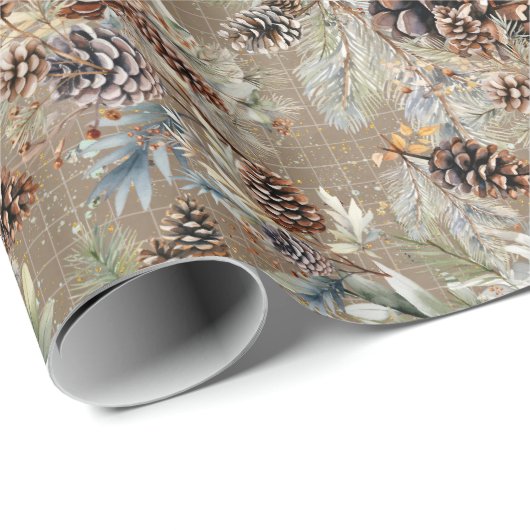 Moderne Rustieke Winter Pine Cone Boho Kerstmis Cadeaupapier (Rol Hoek)