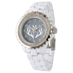 Moderne rustieke witte herten gewei gepersonalisee horloge